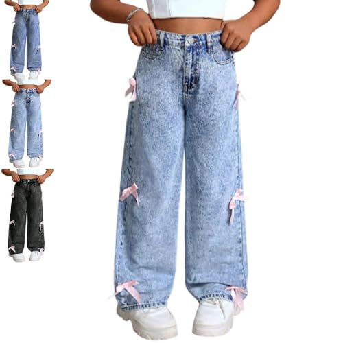 Girls' Wide Leg Jeans Casual Minimalist Style Straight Leg Bow Detail Jeans