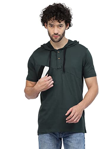 Image of Kalt Men Half Sleeves Cotton Blend Colour Block Hoodie T-Shirt