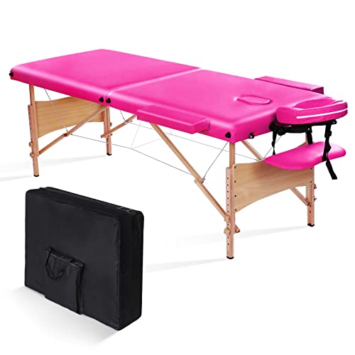 Careboda Massageliege, klappbar Wimpern Facial Tattoo Massage Bett Table Kosmetikliege, mit Tasche, 2 Zone, Hölzern, Rosa, 185 x 60 cm, belastbar bis 250 kg, für Athlet, Physiotherapeut, Masseur