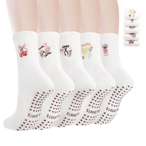 Image of Zuimei 5 Pairs Pilates Grip Socks for Women White Yoga Socks with Cuff Embroidery Non Slip Reformer Pilates Socks For Home, Gym Barre Sports Fitness Dance Ballet Pregnant Hospital