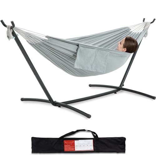 PNAEUT Double Hammocks with Stand for Outside, Portable Space Saving Heavy-Duty Steel Stand for Indoor Outdoor Patio with Carrying Bag, 450 lbs Capacity (Gray)