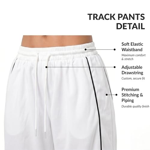 Image of Women's Baggy Loose Fit Wide Leg Track Pants | Elastic Waist Drawstring Casual Lounge Trousers with Side Stripe and Pockets