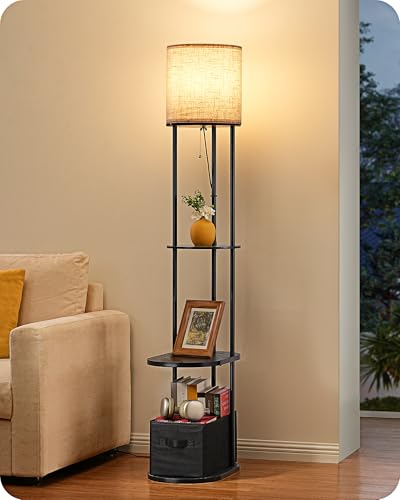 EDISHINE Stehlampe Wohnzimmer, Stehleuchte mit Regal und Aufbewahrungskorb, 1 Steckdose & 2 USB-Anschlüssen (A+C), 3 Farbtemperaturen, 165cm LED-Beleuchtung für Schlafzimmer, inkl. Leuchtmittel