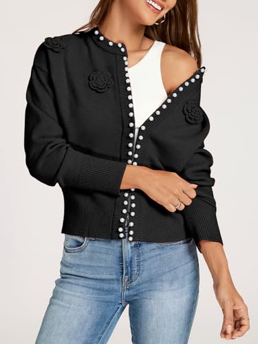 Women's Pearls Open Front Cardigan Sweater Casual Knitted Long Sleeve Floral Embroidered Outerwear Coat4