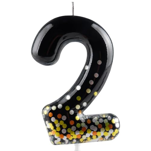 Hongplus Black Gold Confetti Number 2 Birthday Candle Cake Candles, Candles for Cake, Happy 2 Birthday Candles Cake Topper Decorations for Girls Boys Birthday Anniversary Wedding Party