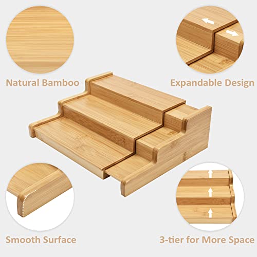 Rosos Spice Rack Organizer For Cabinet 2 Pack, Bamboo Spice Rack Organizer For Countertop Expandable From 8.7-15Inch, 3-Tier Durable Spice Organizer For Cabinet, Natural #TOP7