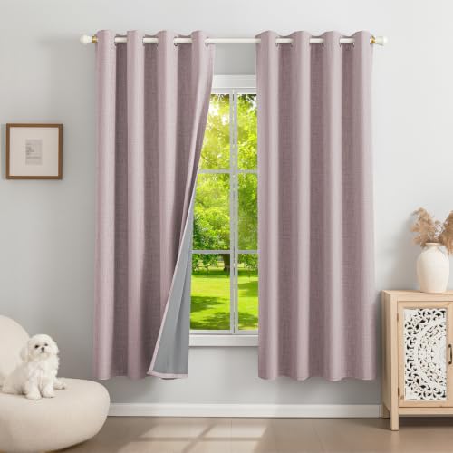Runyéla 100% Verdunklungsvorhänge Leinen Gardinen mit Ösen 2er Set, Thermovorhang Hitzeschutz H 175 x B 140, Leinenoptik Vorhänge Blickdicht Rosa Schallschutz für Schlafzimmer Wohnzimmer