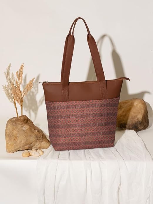 Women’s Printed Jute & Vegan Leather Tote Bag – Handcrafted Shoulder Handbag, Spacious Everyday Work Bag for Office, Travel & Daily Use