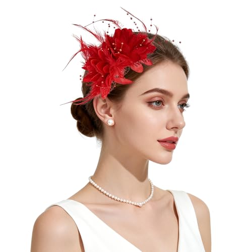 Womens Fascinators Hats - Elegant Feather and Pearl Headband for Tea Party, Weddings, and Cocktail Dresses - Red