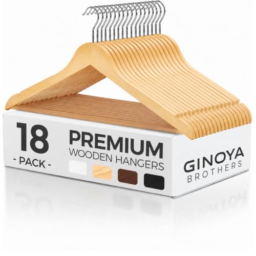 Image of GINOYA BROTHERS Walnut Wooden Suit Hangers 24 Pack with Non Slip Pants Bar - Smooth Finish Solid Wood Coat Hanger for Camisole, Jacket, Pant, Dress Clothes Hangers (Beige: 18)