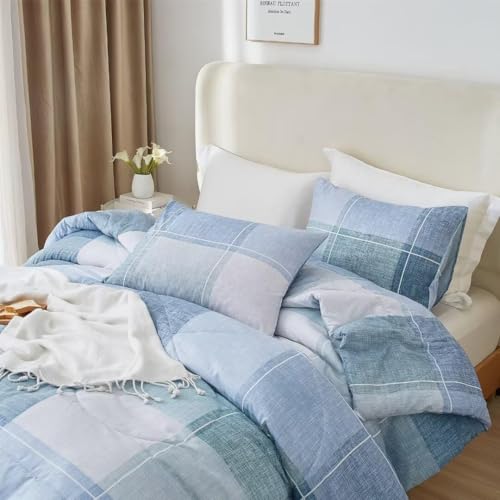 Image of LifeTB Blue Checkered Comforter King Comforter Set Geometric Checkered Plaid Bedding Comforter for Men Boys Fluffy Soft Lightweight Bedding Boho Plaid Comforter Set for All Seasons King Size