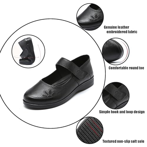 Women's Genuine Leather Mary Jane Flats Comfy Round Toe Adjustable Hook and Loop Soft Bottom Ballets Lightweight Non-Slip Mom Walking Shoes3