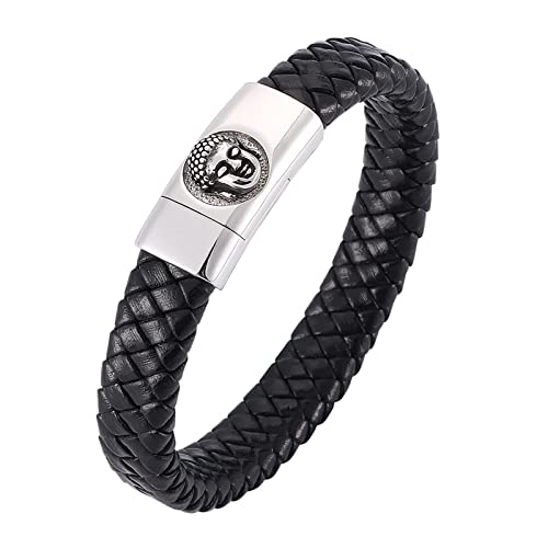 Bracelet bouddha acier et cuir tressé noir KnSam de qualité supérieure
