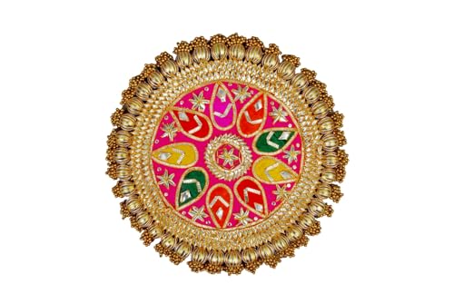 Image of Wood Handmade Gota Patti Work Plate, Table Decor & Base For Statues, Gods, Plant, Craftsmanship With Golden Moti Detailing, Gift For Diwali, Birthdays, Housewarming Size 13 inch Pink 2