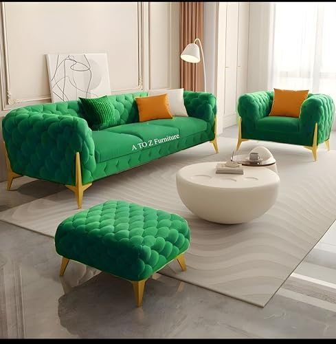 Image of A to Z Furniture Modern Classic Fabric & Valvet Tufted Chesterfield Sofa Living Room and Office (3+1= 4 Seater Sofa Set with Footrest Green)
