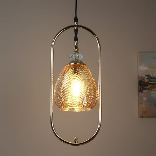 Image of ELIANTE Modern Glass Hanging Light for Living Room & Dining Area | Metal Ceiling Lamp with Elegant Glass Shade | 3 Years Warranty | Free Bulb (Amberic)
