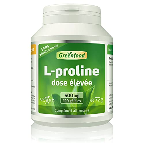Greenfood L-proline, 500 mg, dose élevée, 120 gélules - Produit par fermentation. SANS additifs artificiels. Sans organismes génétiquement modifiés. Vegan.