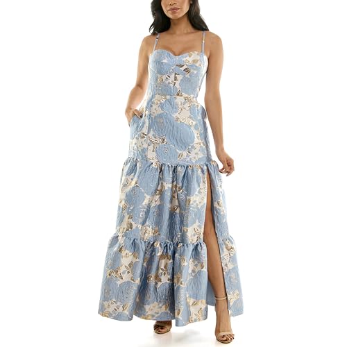 Women's Strappy Sleeveless Sweetheart Neck Floral Jacquard Tiered High Slit Gown