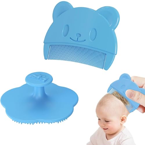 Cepillo de Ducha de Bebé,Cepillo Costra Láctea Bebe,Juego De Cepillo y Peine Para Bebé,Cepillo de Baño para Bebés,Cepillo y peine para la Costra Láctea,Cepillo de Silicona para El Baño Del Bebé,Azul