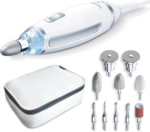 Beurer MP 62 Fresa Professionale per Manicure e Pedicure, 5400 giri/min, 10 Accessori in Feltro e Zaffiro, Luce LED Integrata, Velocità Regolabile, Custodia Inclusa, Bianco