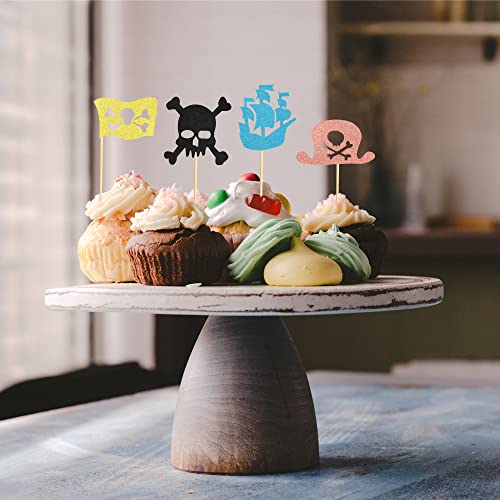 Arthsdite Pack Of 48 Pre-Assembled Pirate Cupcake Toppers Decorations Skull Cap Corsail Pirate Flag Cupcake Picks For Boy's Birthday Party, Baby Shower, Baby First Birthday Party Supply #TOP6