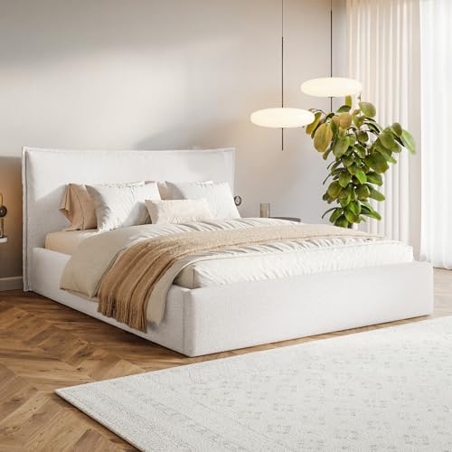 MOTIVENA Leno Bett 180x200 Weiß Boucle, mit Stauraum, mit Kopfteil, mit Lattenrost, ohne Füße, ohne Matratze, Polsterbett 180x200 mit Bettkasten Weiß (Milch)