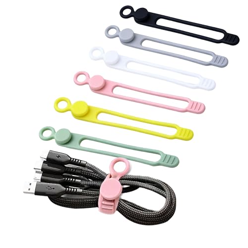 6 Pcs Silicone Cable Organizer Straps – 6 Colors Reusable Cord Management Ties for Data Cables, Chargers, Headphones & Electronics – Multipurpose Wire Holders for Home, Office & Travel