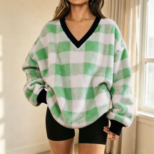 Green Sweatshirt for Women Flannel Plaid V Neck Oversized Pullover Tops - image 3