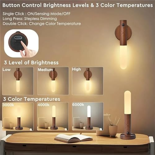 Apliques de pared de madera de nogal Pack de 2 luces nocturnas con sensor USB 2