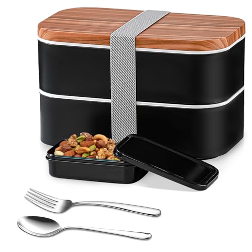 Yalucky Bento Box Volwassen Lunchbox 1600 ml met roestvrijstalen lepel en vork Japanse 2 stapelbare lekvrije maaltijdbereidingscontainer met dipcontainer, bento-lunchbox voor mannen, vrouwen, meisjes,