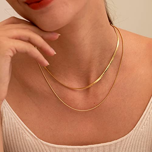 Tewiky Gold Necklace For Women, 14K Gold Plated Layered Gold Herringbone Necklaces Dainty Gold Necklace Set Aesthetic Jewelry Necklaces Trendy Layering Gold Chain Choker Necklace For Women Girls #TOP7