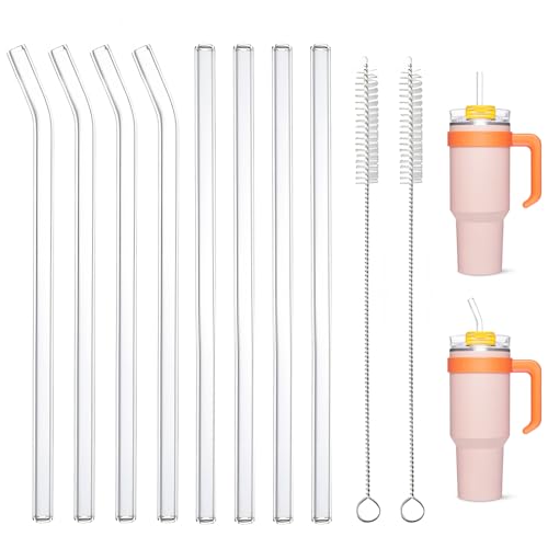 GD HUA Słomki szklane o długości 31 cm, do Stanley Cup 40oz, 8 sztuk szklanych słomek z 2 szczotkami do czyszczenia, przezroczyste słomki szklane (4 proste + 4 wygięte)