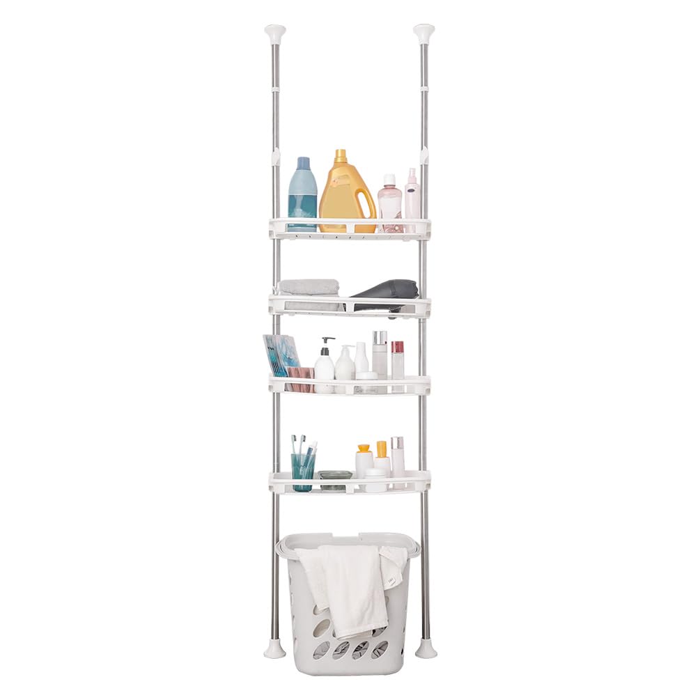 BAOYOUNI Scaffale Telescopico con 4 Cestelli, Mensola Portaoggetti sopra Toilette, Scaffalatura Salvaspazio per Bagno, Lavanderia, Camera da Letto, Ufficio o Cucina, Regolabili in Altezza, Avorio