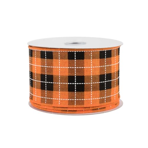 Image of Holiday Cider Plaid Wired Ribbon - 2 1 /2 inch x 50 Yards, Orange, Green, Red, Fall Plaid, Fall Decor, Christmas Ribbon, Thanksgiving, Garland, Wreath, Bows, Halloween, Gift Basket, Autumn Fundraiser