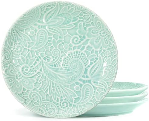 Vidalenta Ceramic Dessert Plates - 8" Porcelain Pasta Salad Plate Set of 4 - Vintage Dinner & Appetizer Plate Embossed Lace Pattern Serving Dishes Child Size - Microwave Oven & Dishwasher Safe, Green