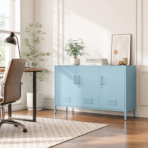 Kasfth Blue Metal Storage Cabinet with Lock, 47.5" Wide Ventilated Door Locker, 2 Adjustable Shelves, Heavy Duty Home Accent Cabinet for Living Room Kitchen Office Study