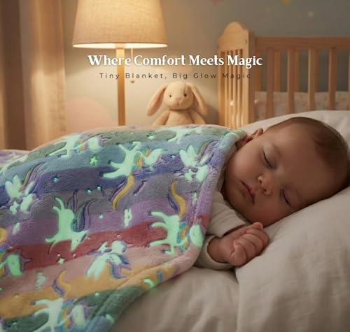 Image of BSB HOME Glow in The Dark Kids Blanket, Soft Flannel Fleece Luminous Blanket for Boys & Girls, Cozy Lightweight Kids Throw for Bed - 30 x 40 in (76 x 102 cm) (Unicorn Theme - Multicolor)