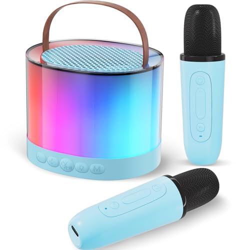 Kids Karaoke Machine with 2 Microphones, Birthday Gifts for Boys and Girls Toy Age 5-12 Year Old, Kids Microphone with LED Party Lights and Magic Sound (Blue)