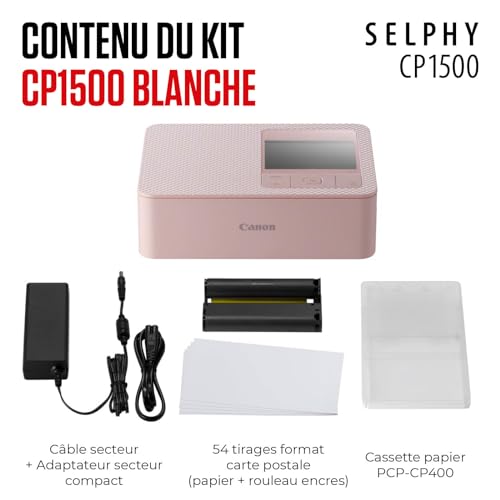 Canon SELPHY CP1500 Imprimante Photo Portable – Impression sans Fil, Impressions Durables, Connectivité USB-C & Carte SD – Imprimante Portable Idéale pour Le Scrapbooking et Les Albums Photo, Pink