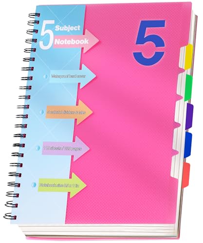 CAGIE 5 Subject Notebook 8.5 x 11, A4 Spiral Notebooks with Dividers Tabs