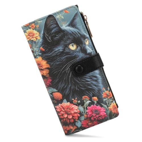 Image of Black Cat Wallet Women Bifold RFID Blocking Wallets with ID Window