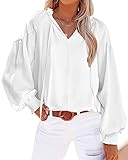 BTFBM Women Casual Satin Blouse Shirts Tie V Neck Long Lantern Sleeve Loose Lightweight Fashion 2023 Summer Spring Tops(Solid White, Small)