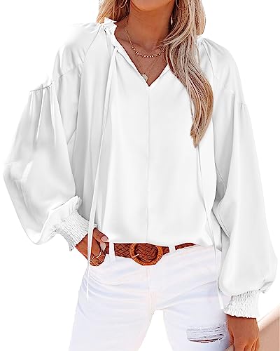 BTFBM Women Casual Satin Blouse Shirts Tie V Neck Long Lantern Sleeve Loose Lightweight Fashion 2023 Summer Spring Tops(Solid White, Small)