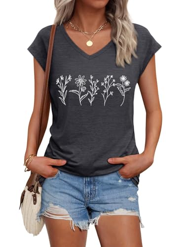 Womens Cap Sleeve Vintage Flowers V Neck Shirt Boho Floral Wildflowers Graphic Tees Funny Cottagecore Tops(DG-1,L)