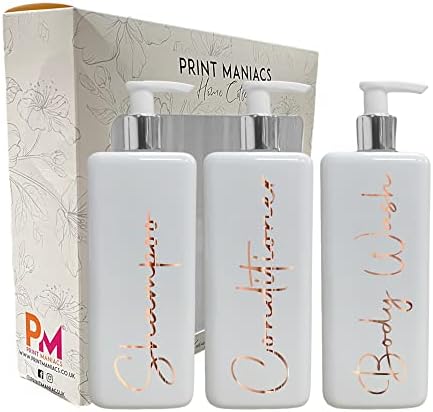 Print Maniacs Mrs Hinch Inspired Signature White 500ml Square Reusable Dispenser Bottle Silver Pump Personalised Bathroom Storage Toiletries Set F2 (Grey, Shamp, Con, Body Wash)
