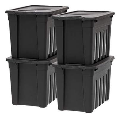 IRIS USA 20 Gallon Heavy Duty Storage Totes with Easy-Grip Handles, 4 Pack - Large Bins with Lids Garage Organizing Tubs, Durable Stackable Utility Containers, Made in USA - Black