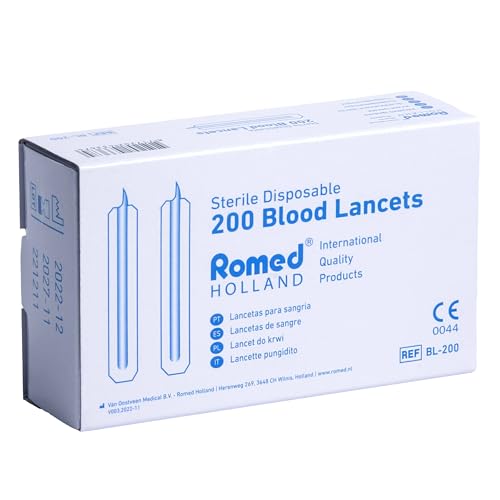 Romed 200 Stück Milienlanzette, Einweglanzette, sterile Blutlanzette aus Edehlstahl und tidily Entsorgungsbehälter rot 1 Stück