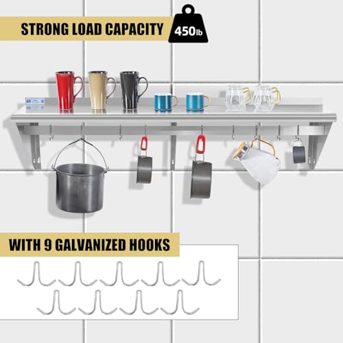 Image of Hally Stainless Steel Shelf with 9 Hooks 18 inch x 60 inch Wall Mounted Pot Rack 450lb, NSF Commercial Floating Shelving for Storage Hanging Pots, Pans, cookware in Restaurant, Kitchen, Home and Hotel