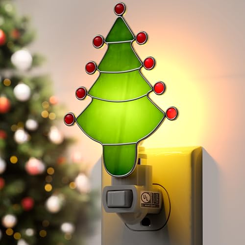 Image of Stained Glass Christmas Tree Night Light Plug into Wall for Home | Stained Glass Chrome Pretty Night Lights Plug in,7W Warm Light Decorative Accent Nightlight Gift for Grandkids Christmas