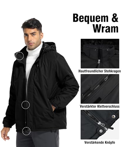 Zoofly Chaqueta Hombre Invierno Esquí Impermeables Montaña Cazadoras Aire Libre Abrigos Térmicos Con Capucha Desmontable Snowboard Parka Negro-XL - imagen 6